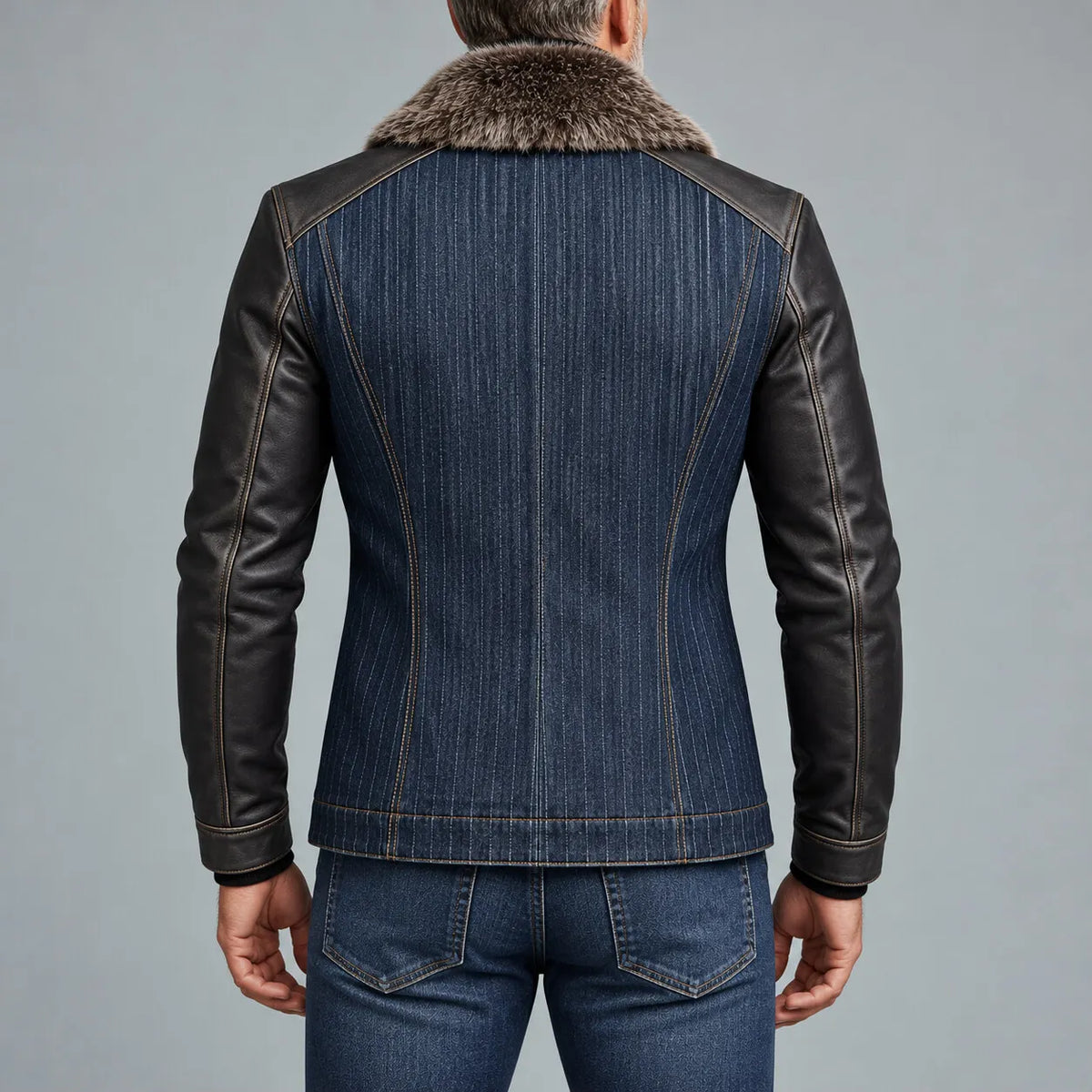 Men's Navy Blue Denim Pinstripe Print Fuzzy Collar PU Leather Long Sleeve Asymmetric Zipper Jacket