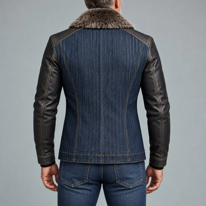 Men's Navy Blue Denim Pinstripe Print Fuzzy Collar PU Leather Long Sleeve Asymmetric Zipper Jacket