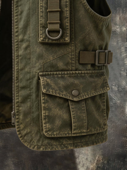 Men's Vintage-Style Distressed Washed Outdoor Utility Vest