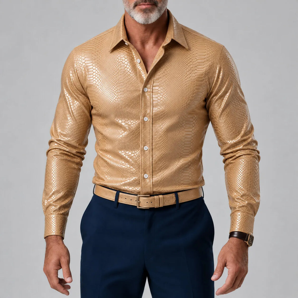 Men's Vintage Coffee Snakeskin Pattern Button-Up Slim Fit Glossy Long Sleeve Shirt
