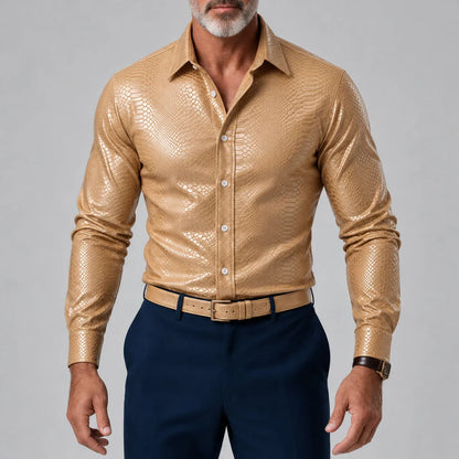 Men's Vintage Coffee Snakeskin Pattern Button-Up Slim Fit Glossy Long Sleeve Shirt