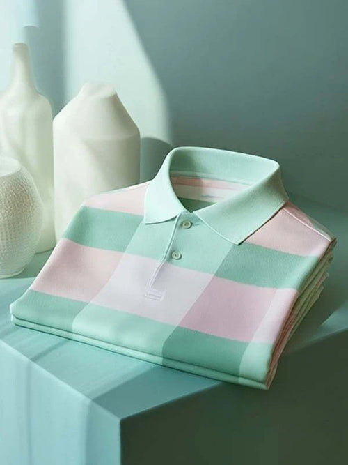 Men's Classic Business Tricolor Check Logo Button Short Sleeve Polo Shirt