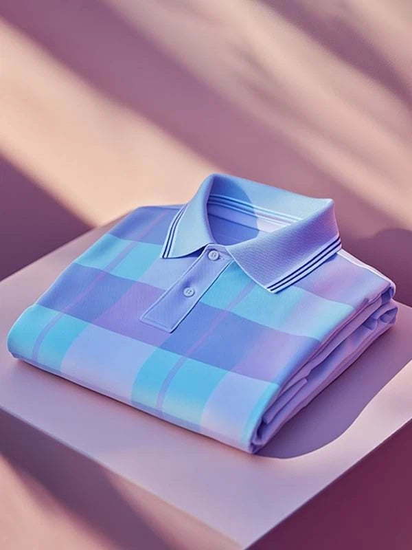 Men's Classic Business Check Logo Button Short Sleeve Polo Shirt