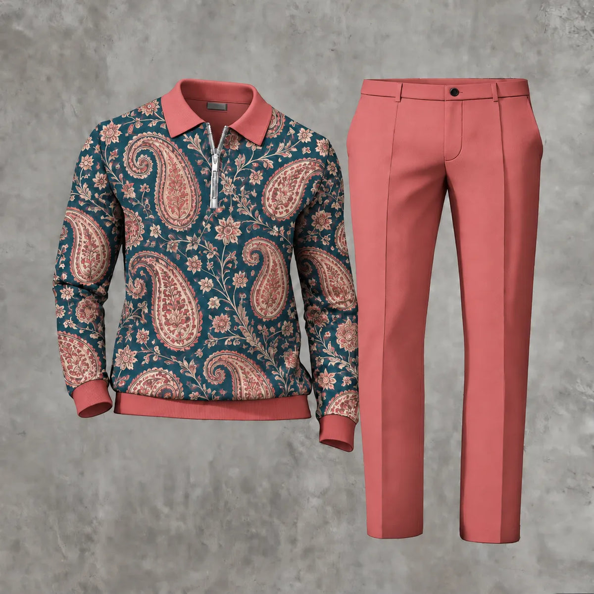 Men's Printed Zipper Polo Shirt and Pants Set
