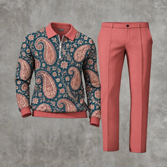 Men's Printed Zipper Polo Shirt and Pants Set