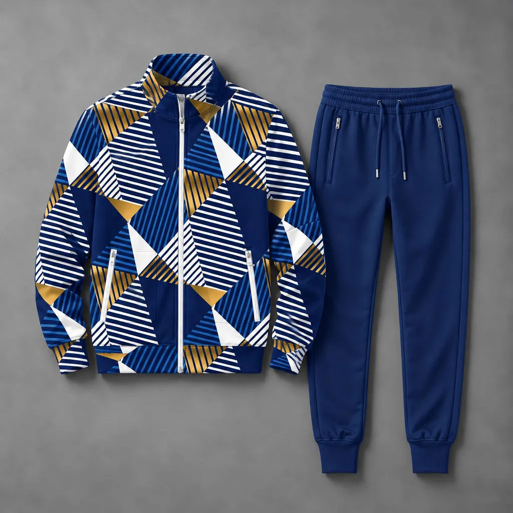 Men's Geometric Stripe Print Stand-Up Collar Sweatshirt and Pants Set
