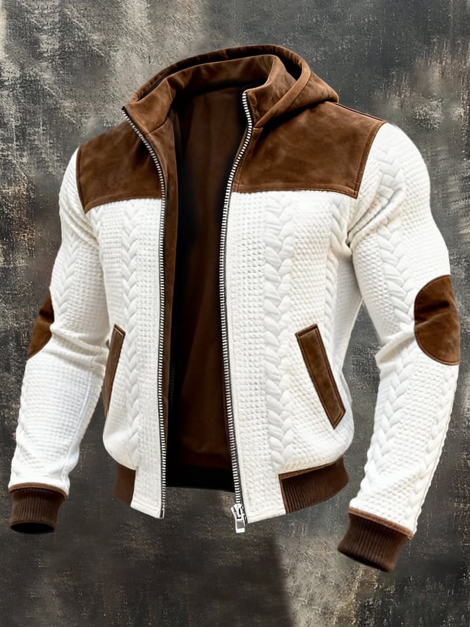 Men's Retro Textured Fabric & Suede Panel Multi-Pocket Outdoor Jacket