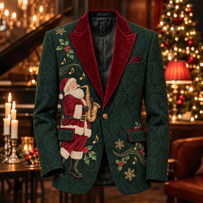 Men's Santa Claus Playing The Saxophone Christmas Eve Paisley Print Suit Jacket