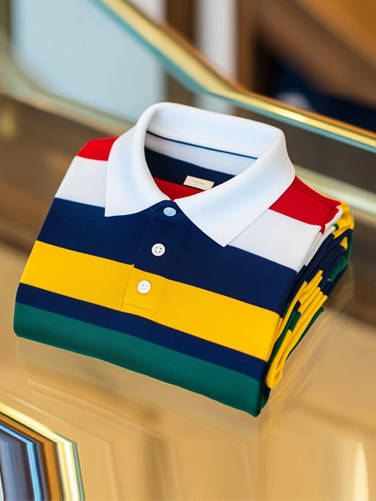 Men's Business Casual Striped Button Short Sleeve Polo Shirt