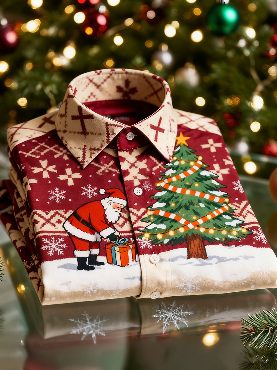 Men's  Christmas Long Sleeve Button-Down Shirt