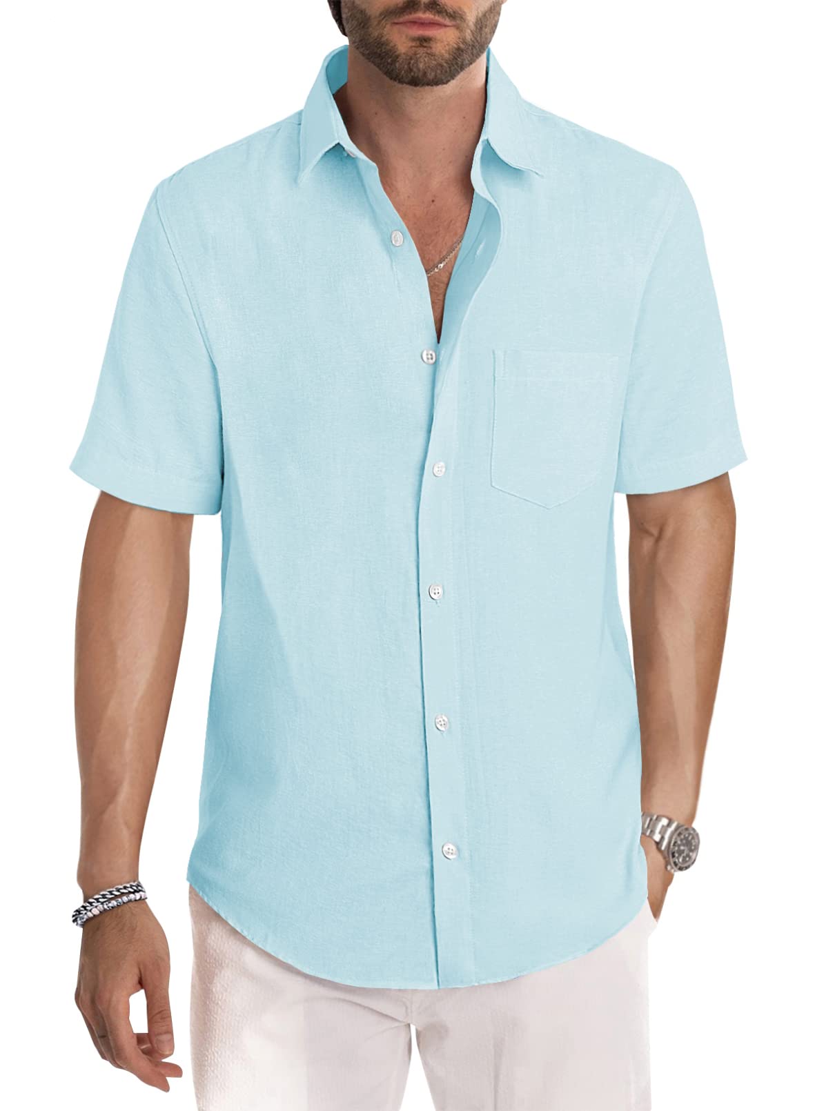 JMIERR Men's Casual Stylish Short Sleeve Button-Up Striped Dress Shirts Cotton Shirt