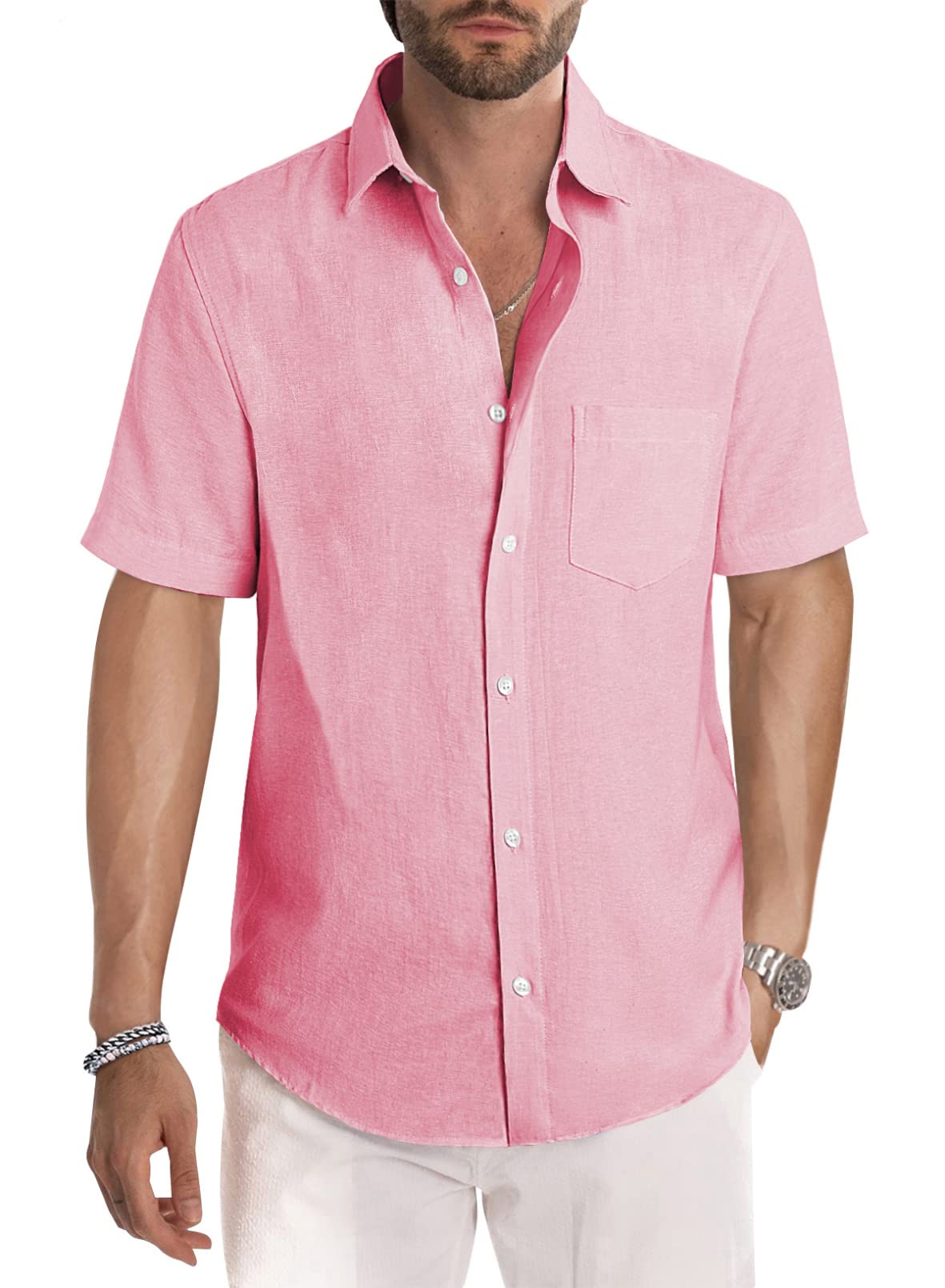 JMIERR Men's Casual Stylish Short Sleeve Button-Up Striped Dress Shirts Cotton Shirt