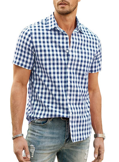 JMIERR Mens Casual Button Down Shirts Short Sleeve 100% Cotton Plaid Shirts for Men