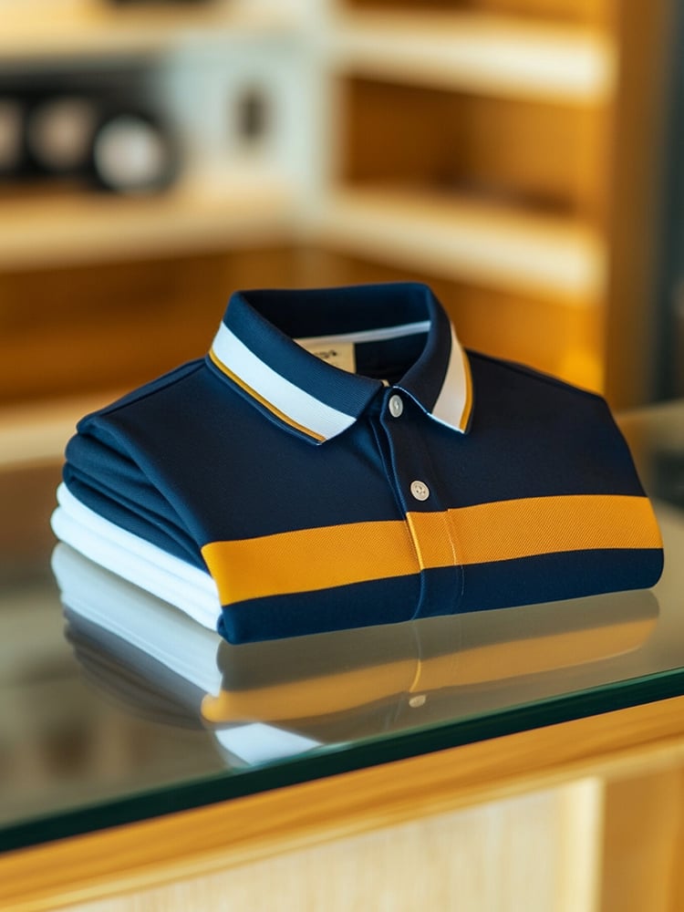 Men's Business Casual Striped Button Short Sleeve Polo Shirt