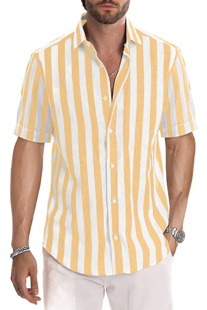 JMIERR Men's Casual Stylish Short Sleeve Button-Up Striped Dress Shirts Cotton Shirt