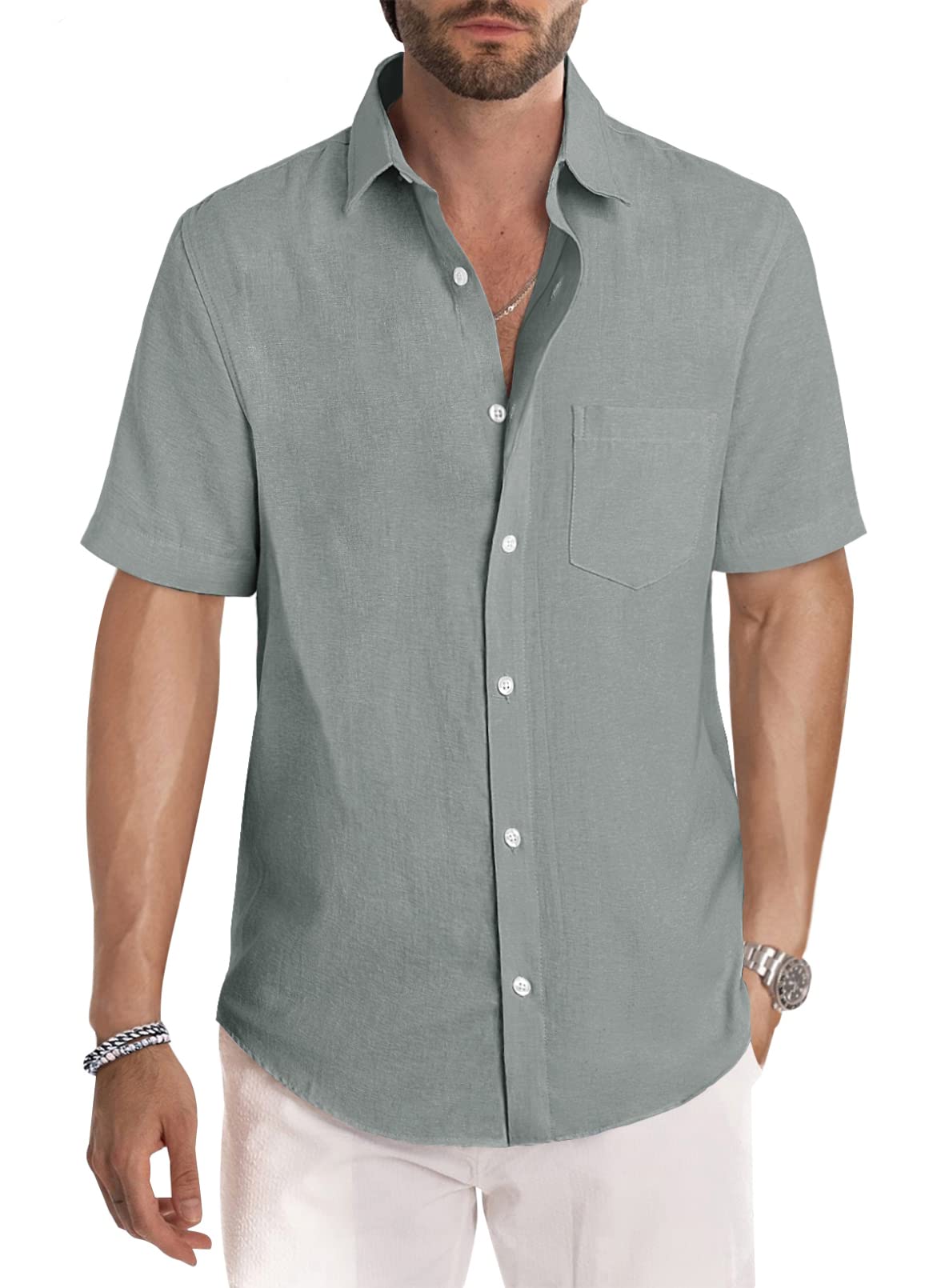 JMIERR Men's Casual Stylish Short Sleeve Button-Up Striped Dress Shirts Cotton Shirt