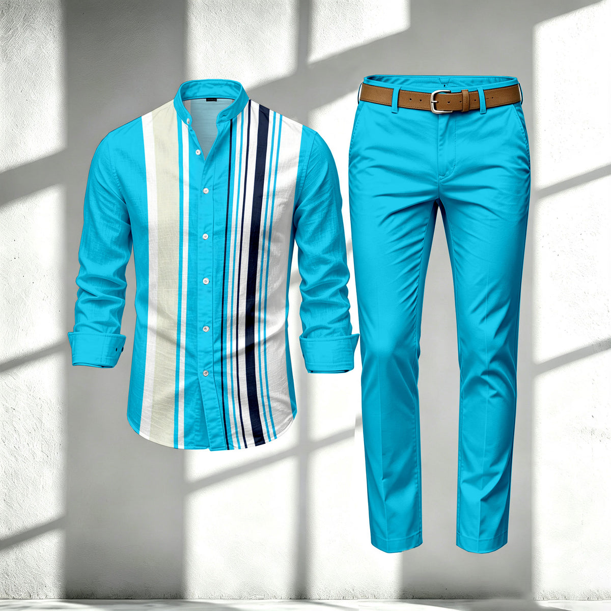 Men's Multi-Color Stand-Collar Block-Print Long-Sleeve Shirt and Pants Set