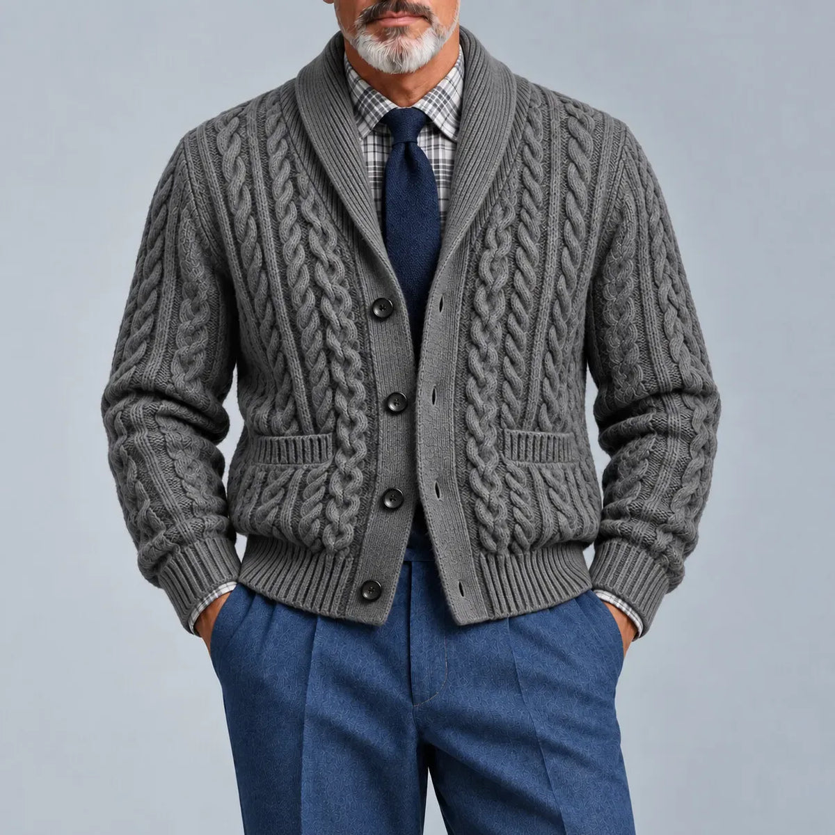 Men's Brown Shawl Lapel Single Breasted Pockets Cable Knit Cardigan