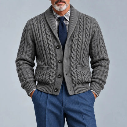 Men's Brown Shawl Lapel Single Breasted Pockets Cable Knit Cardigan