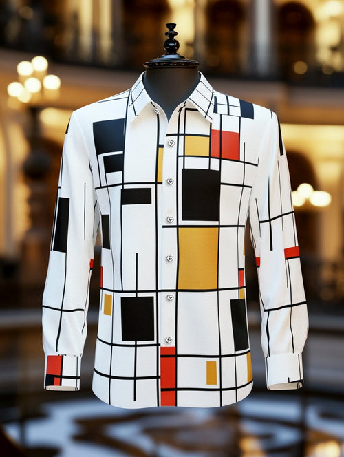 Men's Satin Geometric Casual Long Sleeve Button-Down Shirt