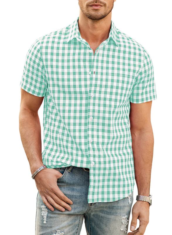JMIERR Mens Casual Button Down Shirts Short Sleeve 100% Cotton Plaid Shirts for Men