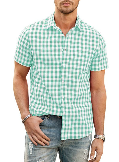 JMIERR Mens Casual Button Down Shirts Short Sleeve 100% Cotton Plaid Shirts for Men