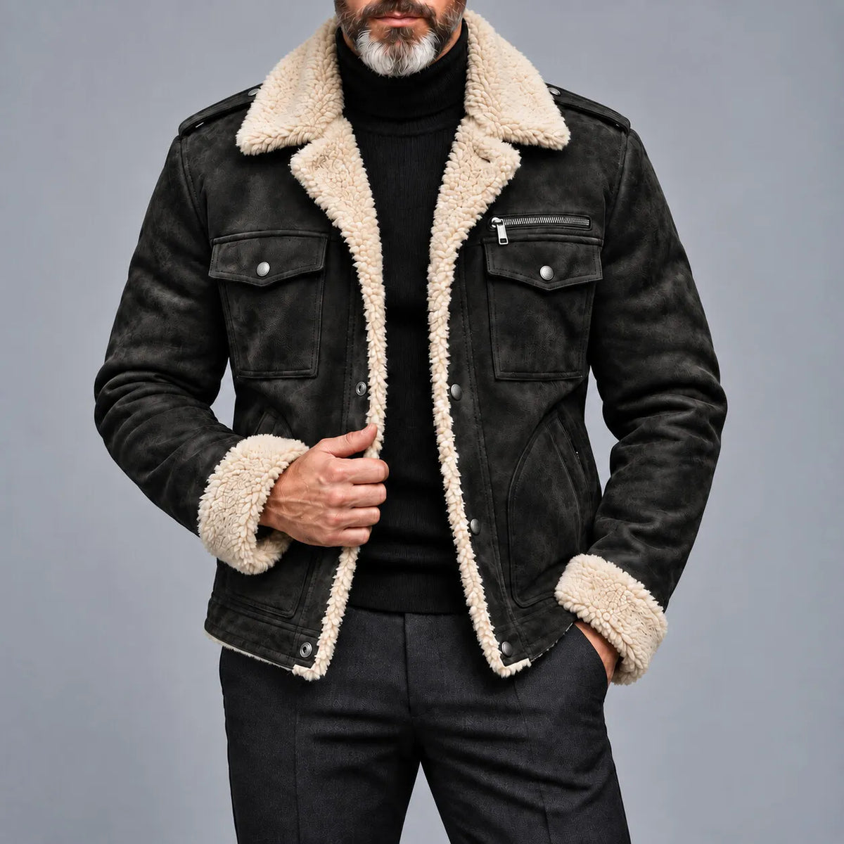 Men's Solid Color Suede Multi-Pocket Single Breasted Sherpa Lining Jacket