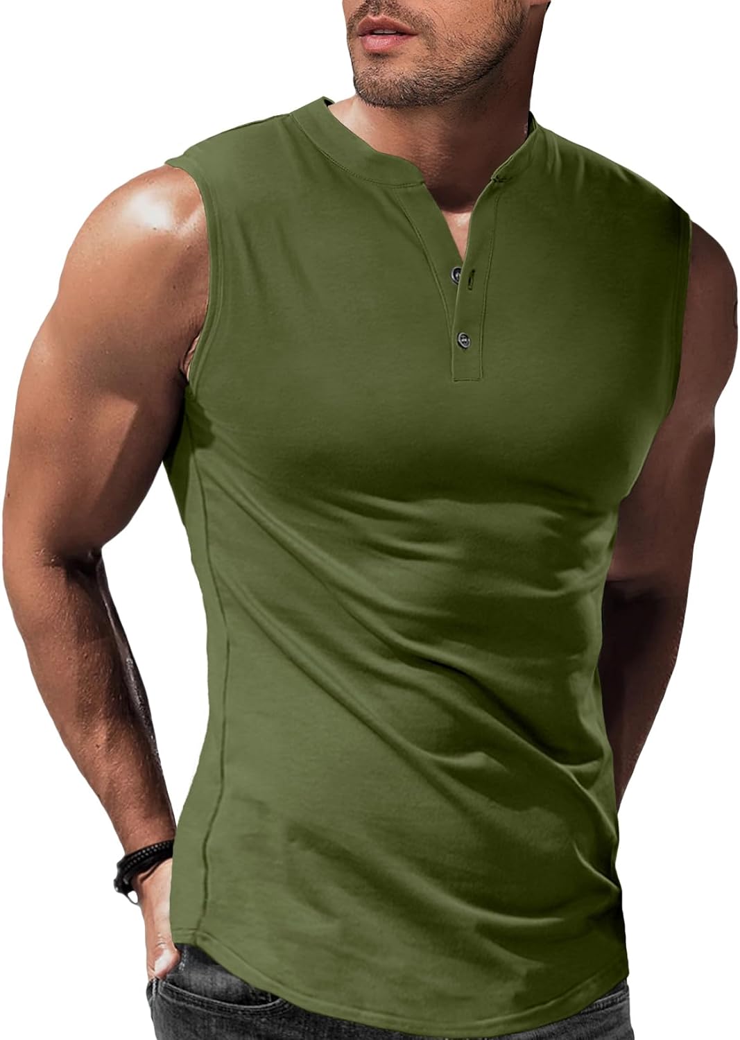 JMIERR Men's Muscle Sleeveless Tank Tops Slim Henley Longline Cotton T-Shirt Tees with Button