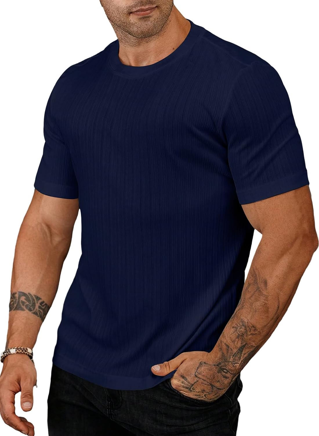 JMIERR Men's Muscle T Shirt Crewneck Short Sleeve Slim Fit Longline Ribbed Knit Stretch Workout Tee Shirts