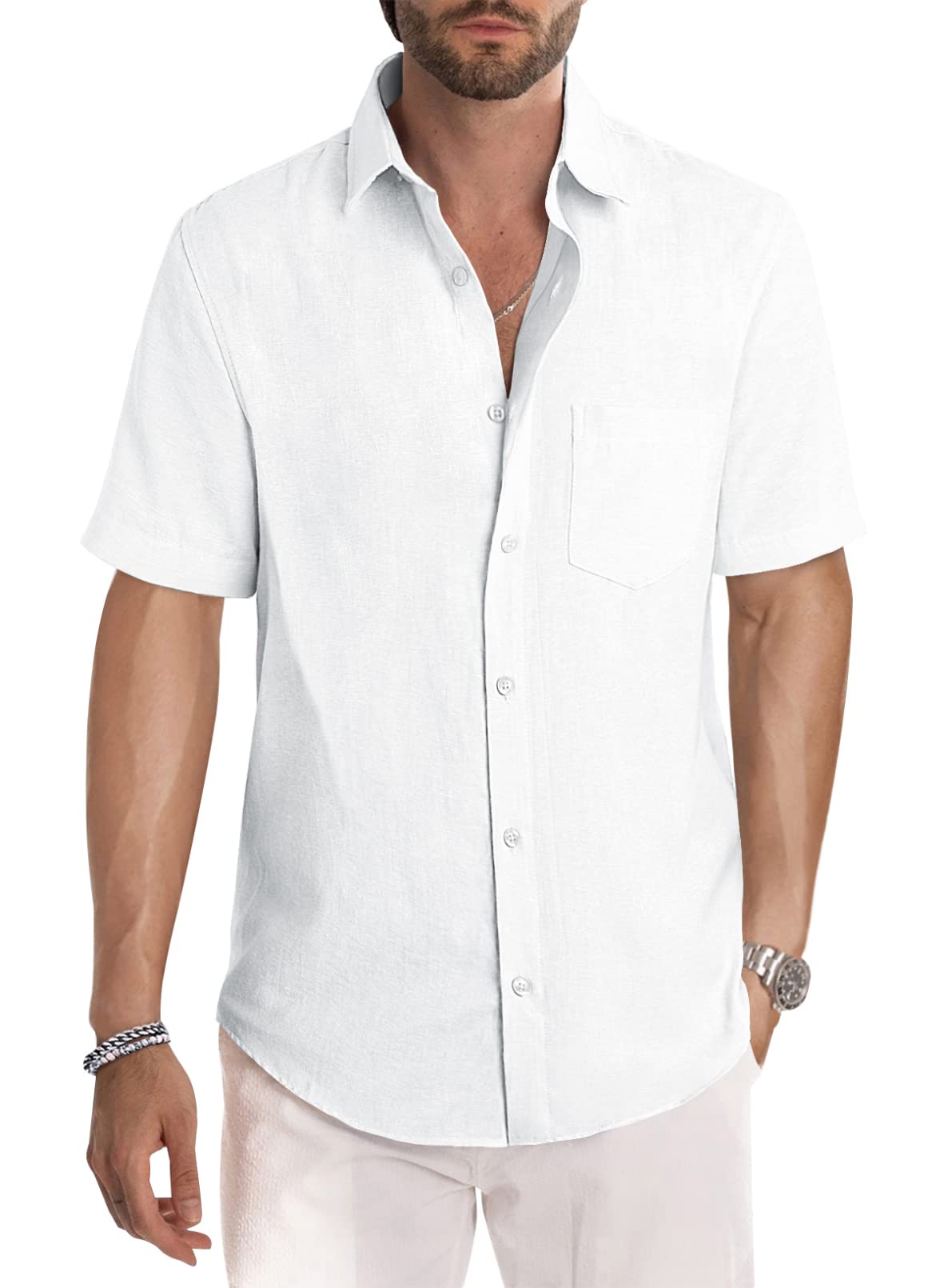 JMIERR Men's Casual Stylish Short Sleeve Button-Up Striped Dress Shirts Cotton Shirt