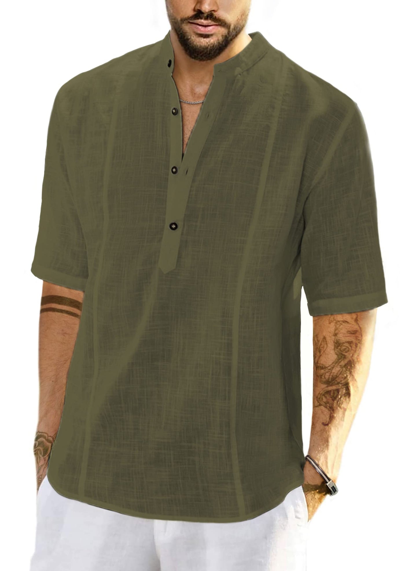 JMIERR Mens Cotton Linen Henley Shirt Casual Button Down Short Sleeve Tropical Shirts Summer Beach T Shirts