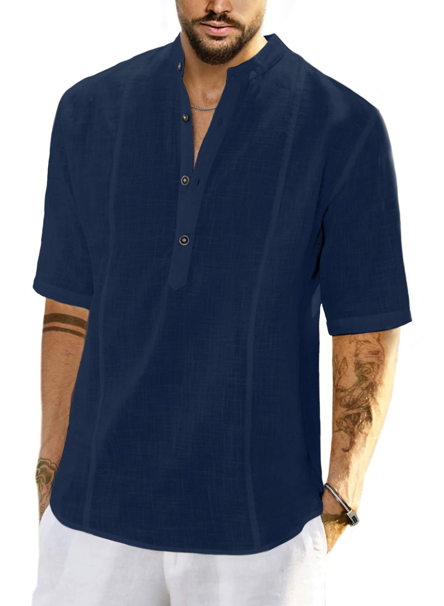 JMIERR Mens Cotton Linen Henley Shirt Casual Button Down Short Sleeve Tropical Shirts Summer Beach T Shirts