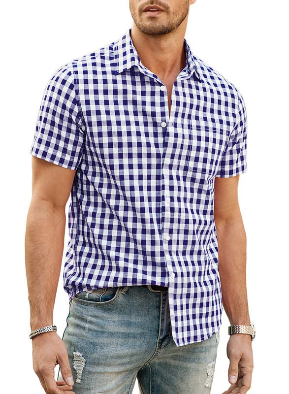 JMIERR Mens Casual Button Down Shirts Short Sleeve 100% Cotton Plaid Shirts for Men