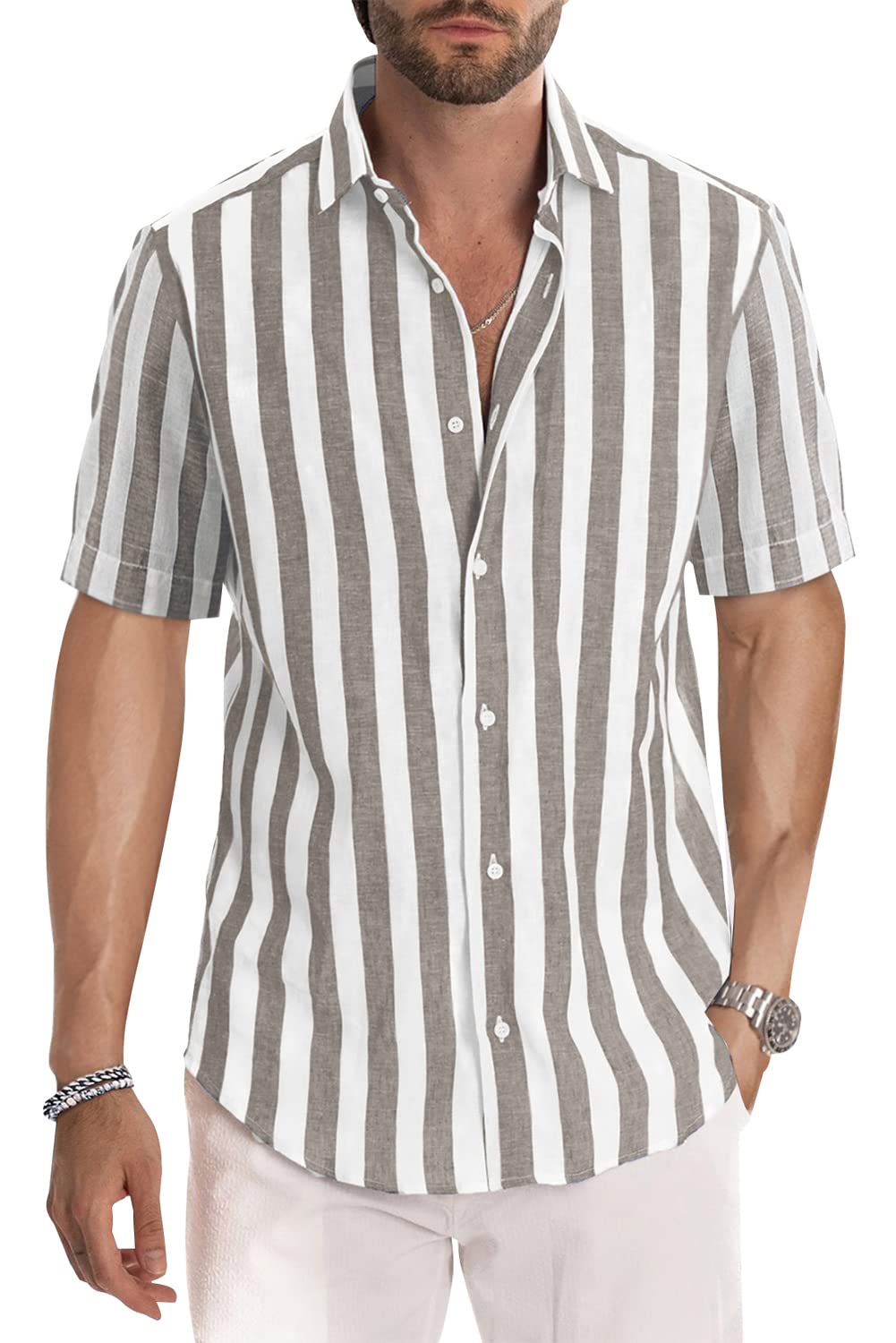 JMIERR Men's Casual Stylish Short Sleeve Button-Up Striped Dress Shirts Cotton Shirt