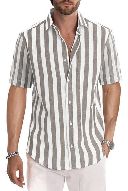 JMIERR Men's Casual Stylish Short Sleeve Button-Up Striped Dress Shirts Cotton Shirt