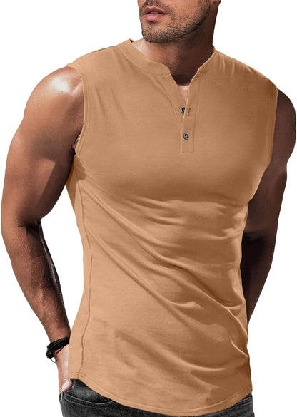JMIERR Men's Muscle Sleeveless Tank Tops Slim Henley Longline Cotton T-Shirt Tees with Button