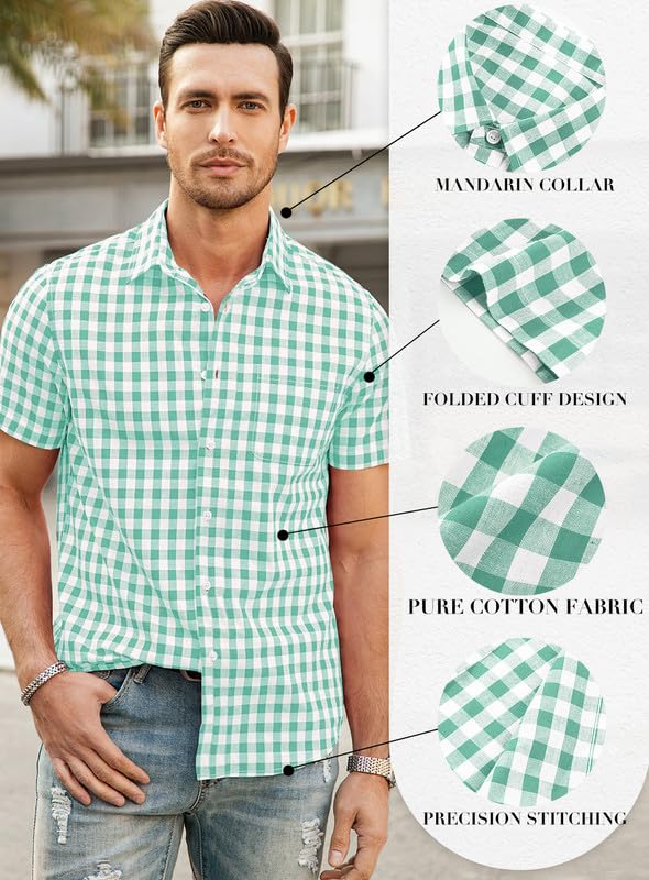 JMIERR Mens Casual Button Down Shirts Short Sleeve 100% Cotton Plaid Shirts for Men