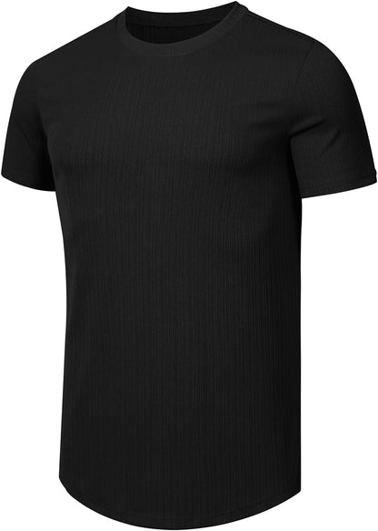 JMIERR Men's Muscle T Shirt Crewneck Short Sleeve Slim Fit Longline Ribbed Knit Stretch Workout Tee Shirts