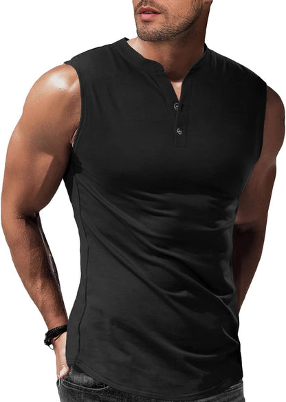 JMIERR Men's Muscle Sleeveless Tank Tops Slim Henley Longline Cotton T-Shirt Tees with Button