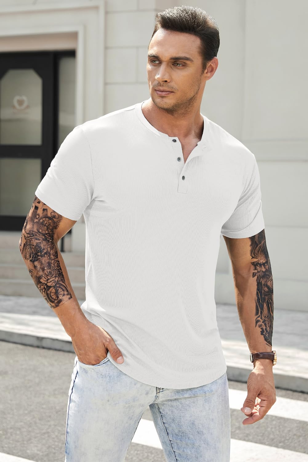 JMIERR Mens Muscle Slim Henley Shirts Crewneck Longline T-Shirt Tees with Button