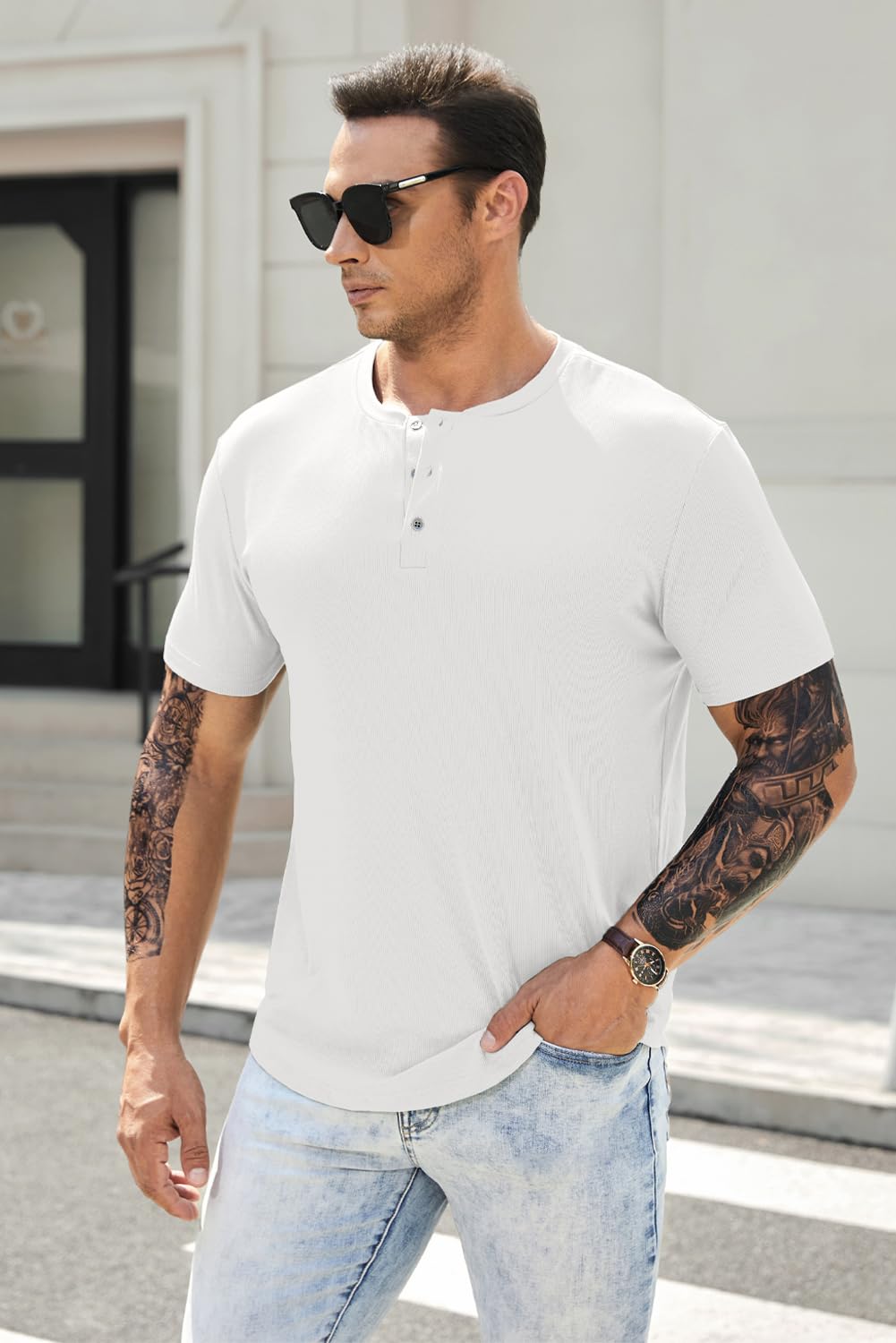 JMIERR Mens Muscle Slim Henley Shirts Crewneck Longline T-Shirt Tees with Button