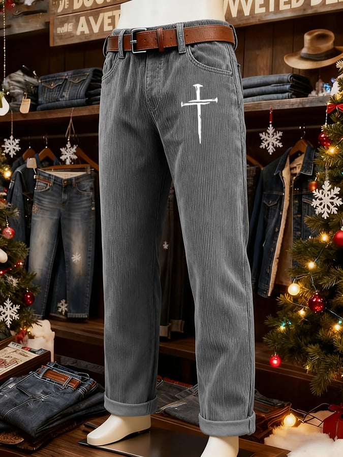 Men's Vintage Faith Cross Design Corduroy Casual Pants