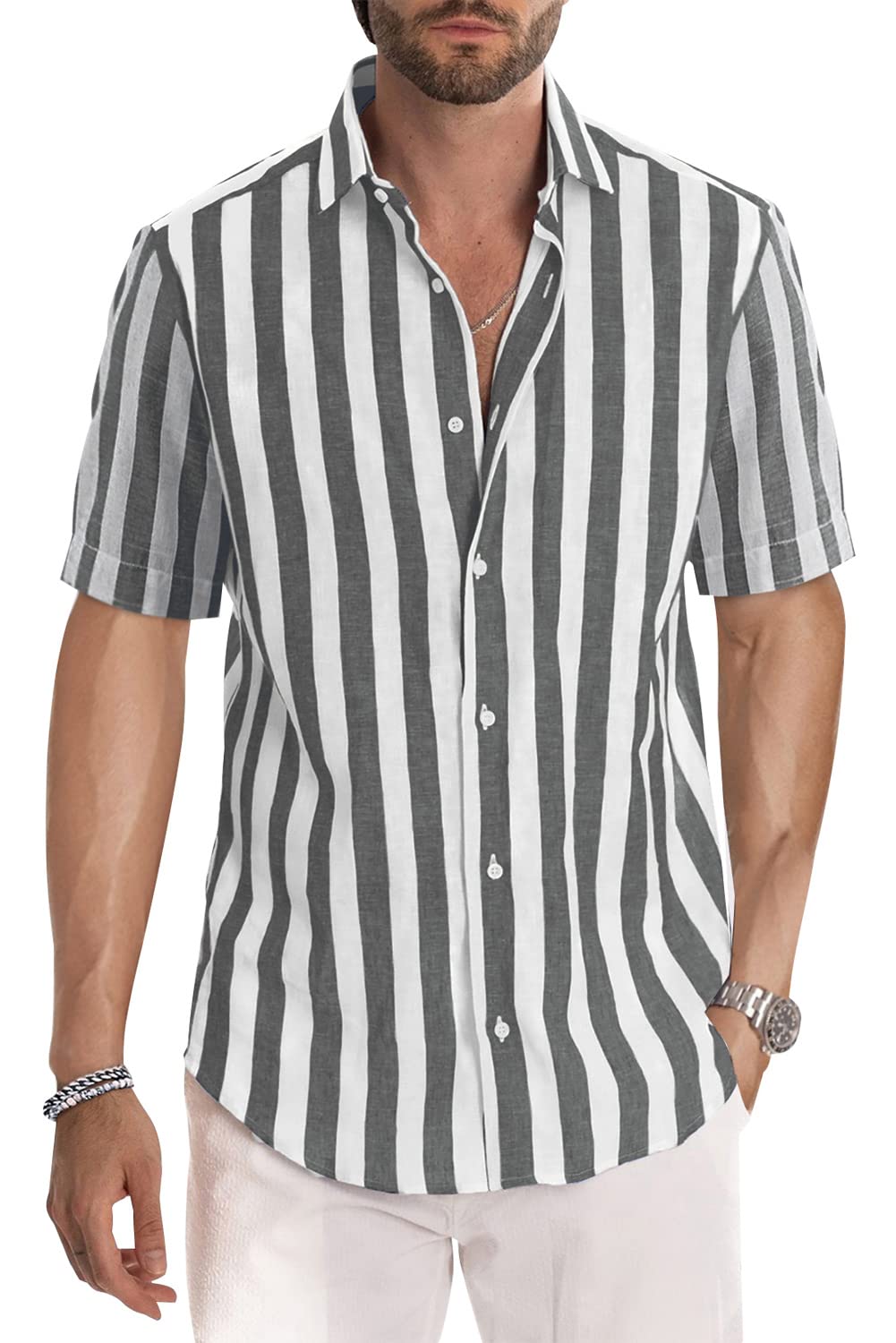 JMIERR Men's Casual Stylish Short Sleeve Button-Up Striped Dress Shirts Cotton Shirt