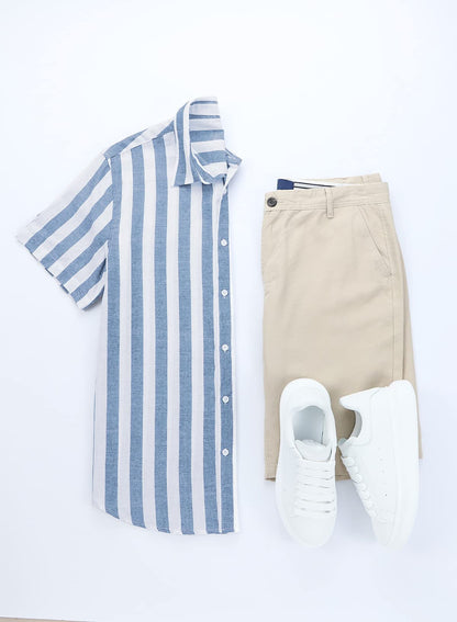 JMIERR Men's Casual Stylish Short Sleeve Button-Up Striped Dress Shirts Cotton Shirt