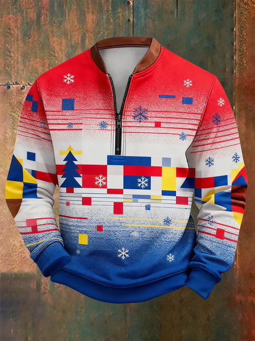 Men's Retro Christmas Bauhaus Geometric Style Print Quarter Zip Sweatshirt