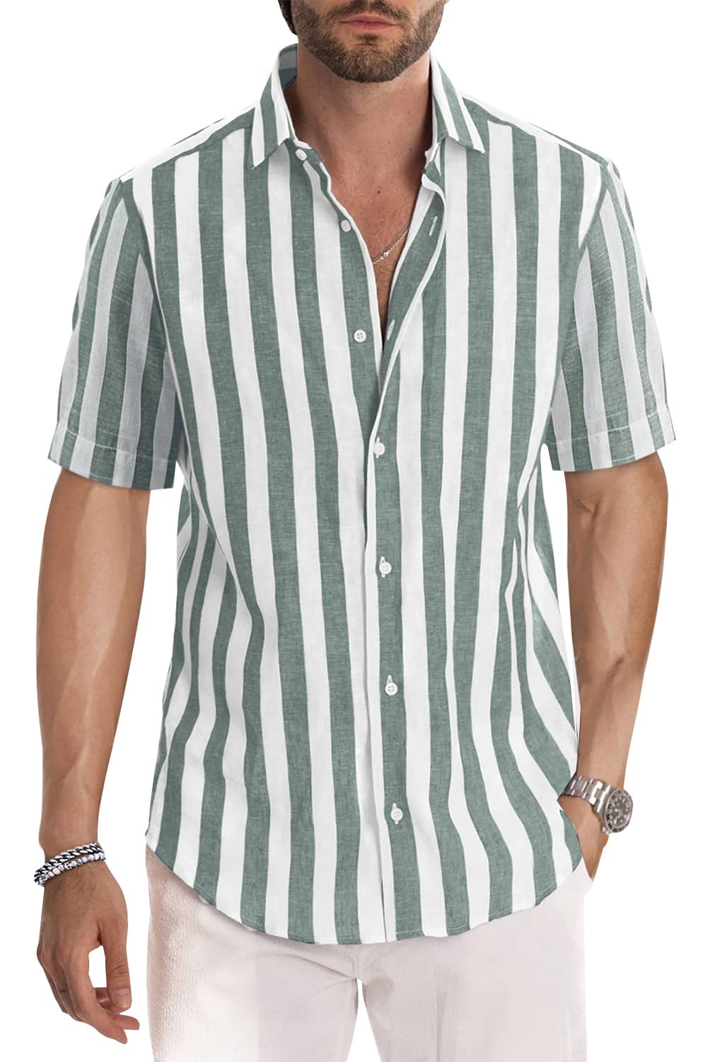 JMIERR Men's Casual Stylish Short Sleeve Button-Up Striped Dress Shirts Cotton Shirt