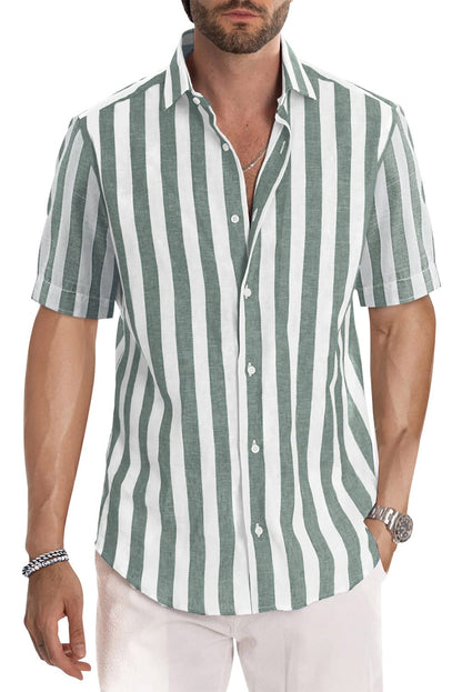 JMIERR Men's Casual Stylish Short Sleeve Button-Up Striped Dress Shirts Cotton Shirt