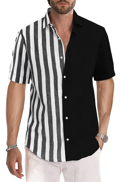 JMIERR Men's Casual Stylish Short Sleeve Button-Up Striped Dress Shirts Cotton Shirt
