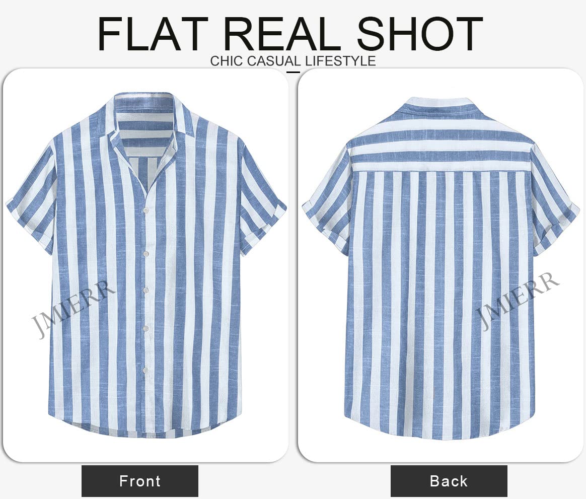 JMIERR Men's Casual Stylish Short Sleeve Button-Up Striped Dress Shirts Cotton Shirt