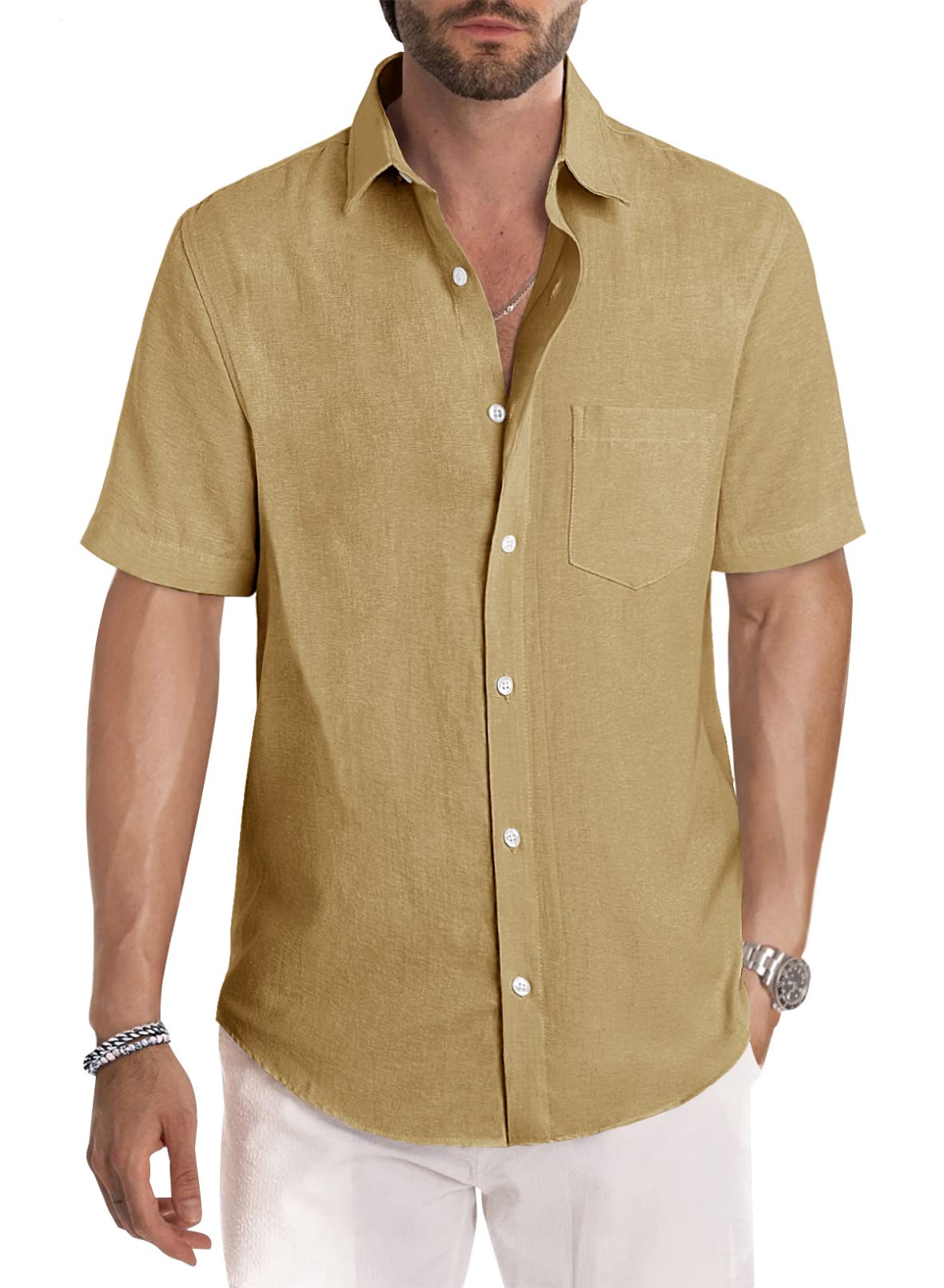 JMIERR Men's Casual Stylish Short Sleeve Button-Up Striped Dress Shirts Cotton Shirt